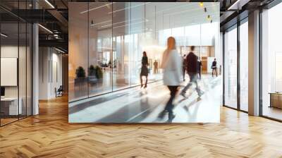 Bright business workplace with people in walking in blurred motion in modern office space Wall mural