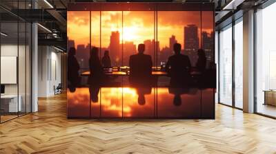 Business Team Meeting in a Modern Office at Sunset. Blurred silhouette of a business team having a meeting in a modern office with city skyline Wall mural