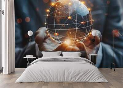 Businessman hold global business globe with network connected to digital marketing strategy and creative solution. Business development technology to support creativity idea Wall mural