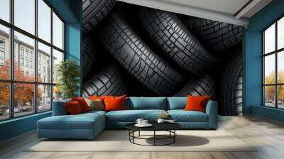 Car tire black banner background. Tires for sale in shop. Wall mural