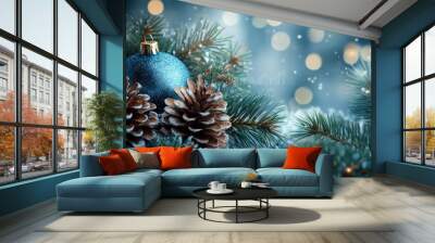 Christmas background with blue baubles, pine cones and bokeh. Beautiful christmas card. Wall mural