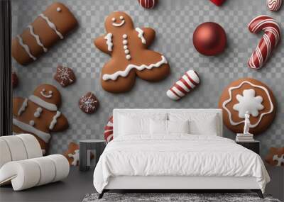 Christmas gingerbread and cookies figures isolated on a transparent background Wall mural