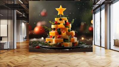 Christmas tree made of cheese and vegetables with a star. photo of christmas food. transparent background Wall mural