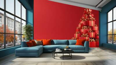 Christmas tree made of gift boxes on red background, 3d render, a pile of presents with gold bows and bows on top of each other, with a red background, AI Generated Wall mural