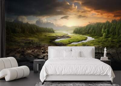 Climate change, A drying tree with air pollution and green grass with beautiful sunlight sky metaphor world nature disaster and global warming concept Wall mural