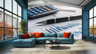 Close-up of a pen and calculator on financial documents, emphasizing calculation and analysis. Wall mural