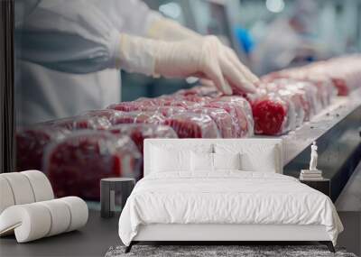 Close-up of meat industry worker gathering packaged premium meat on a conveyor belt in factory  Wall mural