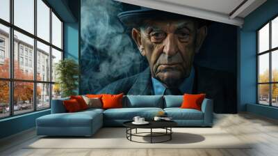 Close-up portrait of cool looking old man wearing hat, suit and tie isolated on dark smoke background. Gangster, mafia, boss. Wall mural