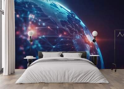 Communication technology for internet business. Global world network and telecommunication on earth cryptocurrency and blockchain and IoT Wall mural