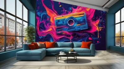 Creative colorful retro concept of melting cassette tape, symbols of celebration and music party. Contemporary art and old fashioned style. Illustration. Generative AI. Wall mural