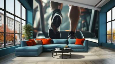 Detail on man feet running in a gym on a treadmill, Happy new year 2024. Wall mural