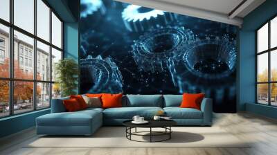 Digital polygonal mesh with dots, lines, and shapes of abstract modern 3D gear wheels in dark background. Mechanical technology machine engineering wireframe. Wall mural