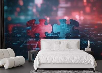 Digital representation of API integration concept with two interlocking puzzle pieces against a futuristic tech-inspired abstract background, symbolizing connectivity and interoperability Wall mural