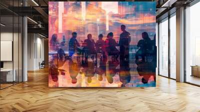 Double exposure image of many business people conference group meeting on city office building in background showing partnership success of business deal. Concept of teamwork Wall mural