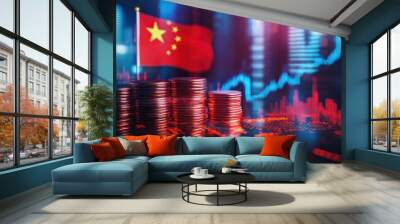 Double exposure of China flag on coins stacking and stock market graph chart, Cconomy and technology stock change Wall mural