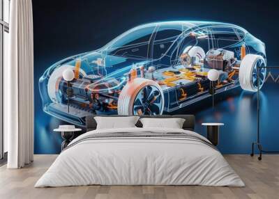 Electric car technical cutaway with all main details of EV system in ghost effect hyper realistic  Wall mural