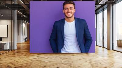 Full size body length happy young successful employee business man lawyer 20s wear formal blue suit white t-shirt work in office move hand in pocket isolated pastel purple background studio portrait Wall mural