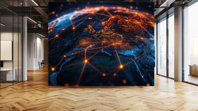 Futuristic World with Global Connectivity. An illuminated Earth with orange light trails connecting continents, showcasing the future of digital technology and global data exchange. Wall mural