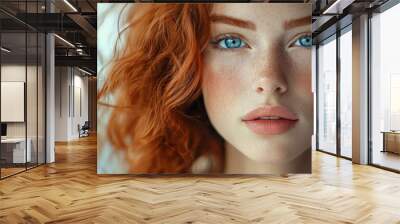 Generative AI illustration of young beautiful woman model with curly red hair and blue eyes posing looking at camera against blurred background Wall mural