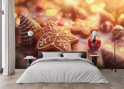 Gingerbread cookies with painted cones on a bokeh background. Ch Wall mural