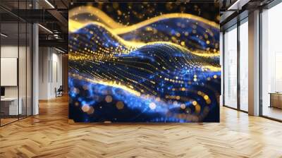 Gold blue neon wave lines on abstract background with bokeh lights. data transfer concept wallpaper  Wall mural