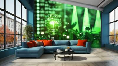 Green new deal: double exposure of light bulb and data chart symbolizing energy cost reduction and sustainability efforts Wall mural