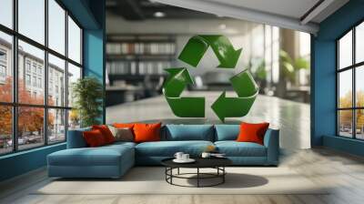 Green recycle symbol icon sign with professional environment background to represent recycling or sorting of waste at office and for working people Wall mural