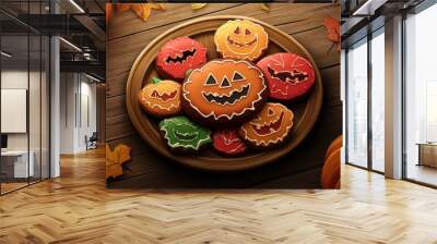 Halloween gingerbread cookies in plate on wooden table Wall mural