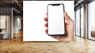 Hand holding smartphone mockup as png photo with blank screen isolated on white background. mobile phone hand mockup Wall mural