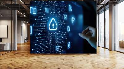 Hand touching a digital screen with icons of technology and online network connection, cloud storage, or security system on a dark blue background. Wall mural