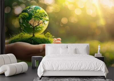 hands holding green earth Wall mural