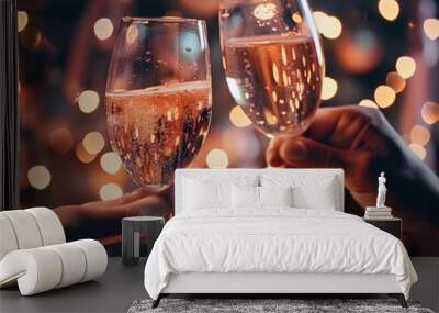 hands holding two glasses of rose sparkling wine to cheers to celebrate valentines day on romanic date. Christmas or new year party celebration lights bokeh horizontal banner. Wall mural