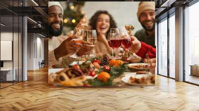 Happy and diverse group of friends celebrating the holidays at dinner. transparent background Wall mural