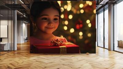 Happy latina little girl with christmas gift at home with background of christmas tree Wall mural