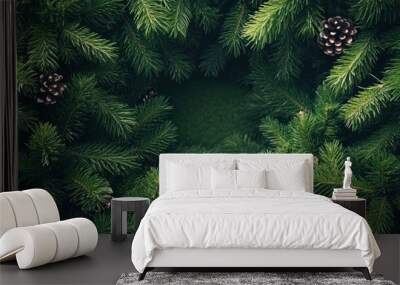 Holiday background with frame in the middle of evergreen tree branches, christmas and festive season concept, minimalistic design, copy space Wall mural