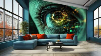 Human eye close-up on green tech background, hacker face and digital data pattern. Concept of cyber security, technology, future, hack, network, Wall mural