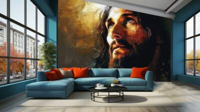 Jesus Christ. Beams of light painting the portrait. Digital painting. Wall mural