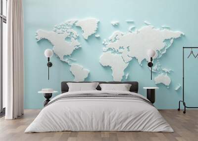 minimalist world map in white against light blue background, perfect for travel or geography themes. design evokes sense of exploration and adventure Wall mural