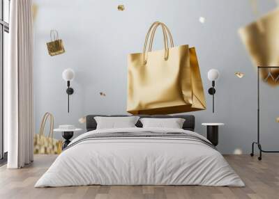 Mockup metallic gold shopping bag is floating in the air, shopping promotion concept background transparent background Wall mural