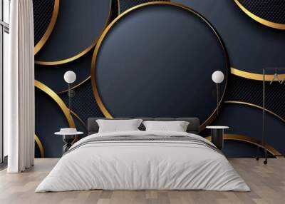 Overlapping layers of 3D black luxury gold abstract background on dark space circle blue metal effect decoration. Wall mural