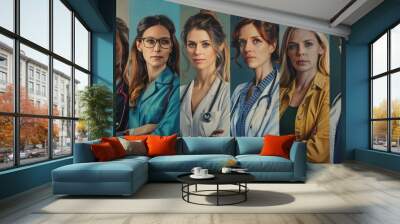 Panorama of workplace portraits of women in different professions Wall mural