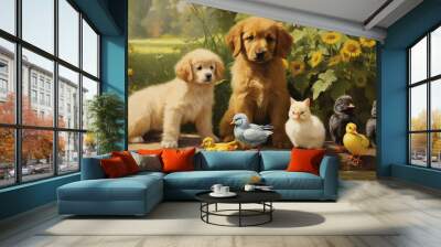 Pets including a kitten, dog, and ducklings gathered outdoors during summer  Wall mural