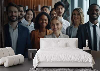 Photo of diverse group of leaders smiling, Successful business team gathered in a boardroom, young professional business people standing together Wall mural