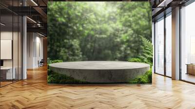 Podium background product moss stone green forest cosmetic display nature presentation. Background wood beauty product podium stand concept summer pedestal plant design template environment platform Wall mural