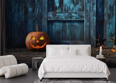 Scary halloween pumpkin on wooden planks Wall mural