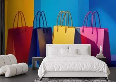 Set of colorful paper gift or shopping bags against colored background sale, consumerism, advertising and retail concept - many colorful shopping bags. Black friday Wall mural