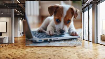 smart puppy using a laptop, possibly for training or online shopping Highlight the concept of pets adapting to modern technology and remote working Wall mural