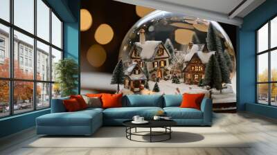 Snow globe with a miniature nostalgic winter village. Wall mural