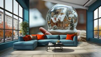 Snow globe with a miniature nostalgic winter village. Wall mural