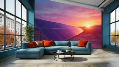 Solar panels in a desert, sunset glow, renewable energy, vibrant colors, photorealistic, modern technology Wall mural